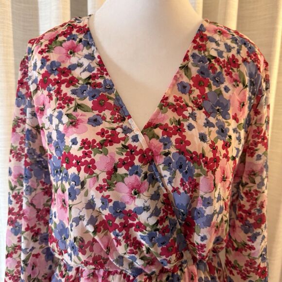 Kirundo Womens Dress Small Pink Floral Faux Wrap Ruffle Tiered Long Sleeve Flowy - Picture 4 of 13